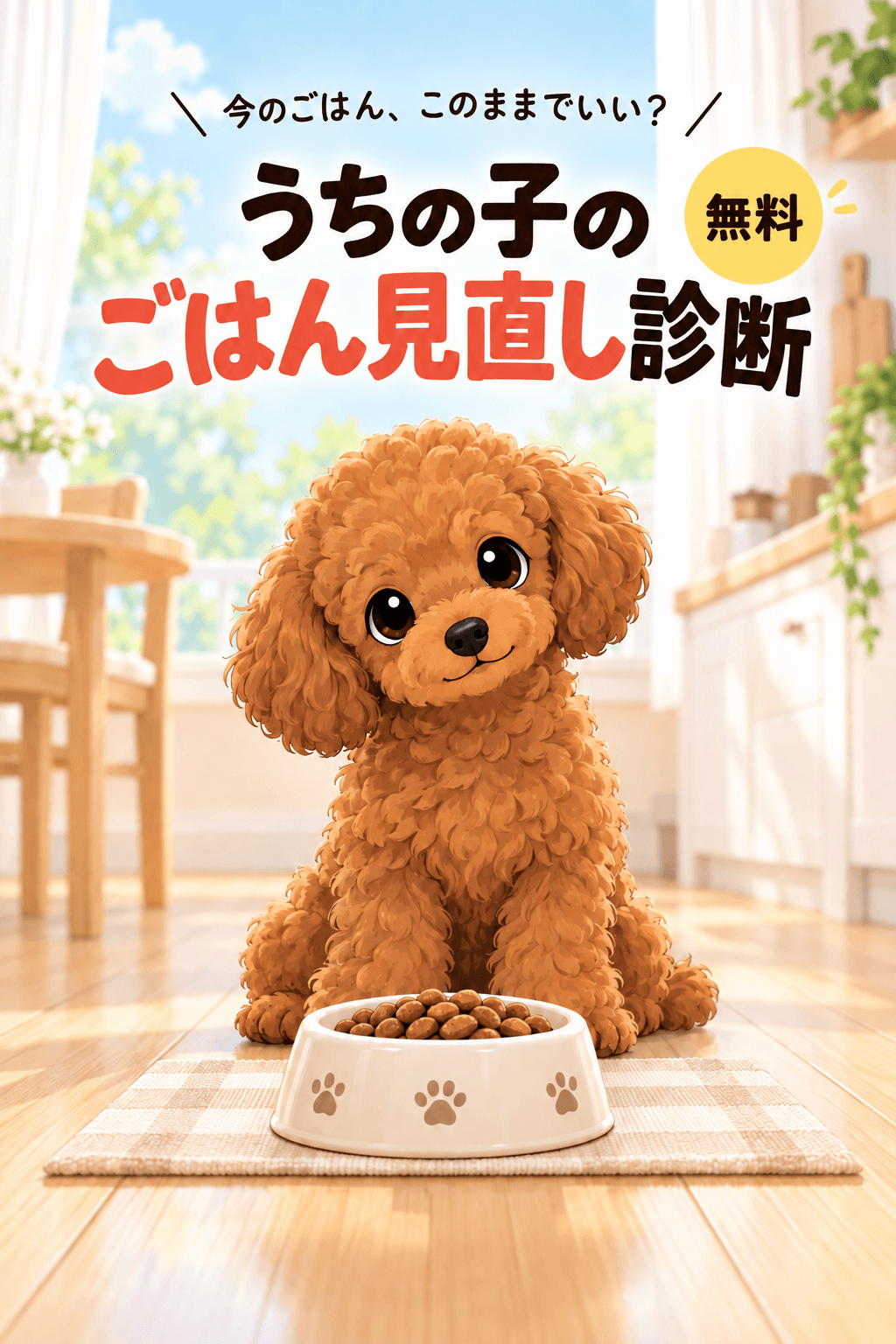 今のごはん、このままでいい? 今のごはん見直し診断 — ごはんを前にした犬のイラスト